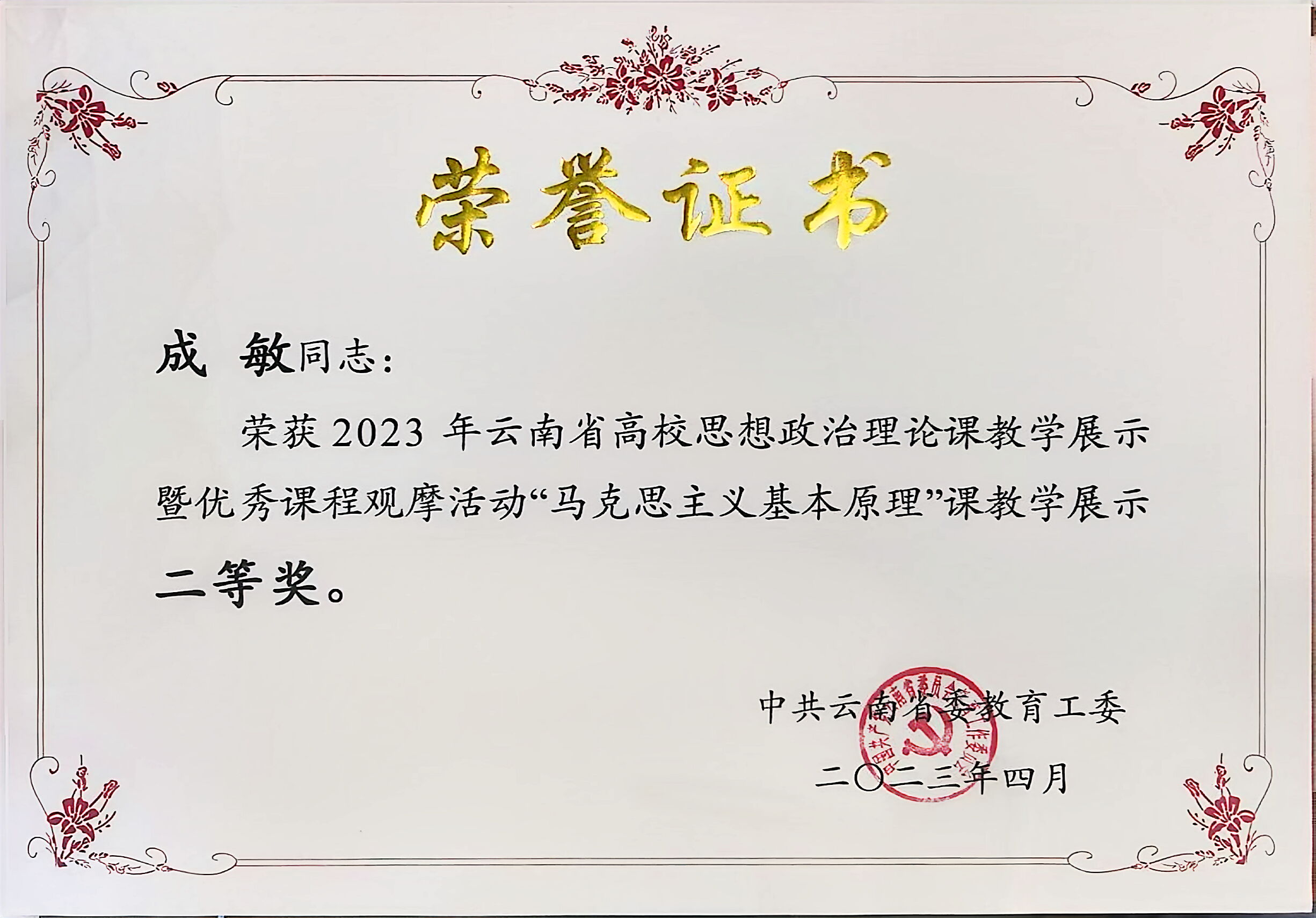 云南省高校思政课教师教学比赛二等奖